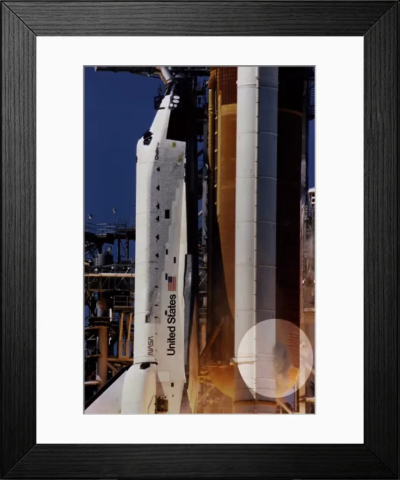 Framed Print : Space shuttle Challenger disaster. Grey-brown smoke on the right side of the Solid Rocket Booster, in highlighted circle, was the first visible sign a joint breach occurred. Jan Framed Print : Space shuttle Challenger disaster. Grey-brown smoke on the right side of the Solid Rocket Booster, in highlighted circle, was the first visible sign a joint breach occurred. Jan
