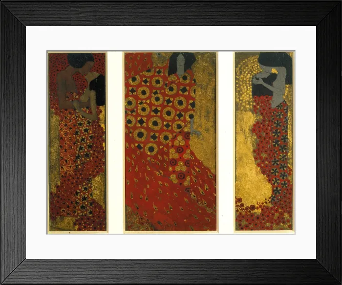 Framed Print : Triptych, by probably Gustav Klimt, 19th Century, - Austria, Stato Salisburghese, Salzburg, Salzburg, F. Welz Galleries (). All. Man woman couple Eros love kiss panels red gold Framed Print : Triptych, by probably Gustav Klimt, 19th Century, - Austria, Stato Salisburghese, Salzburg, Salzburg, F. Welz Galleries (). All. Man woman couple Eros love kiss panels red gold