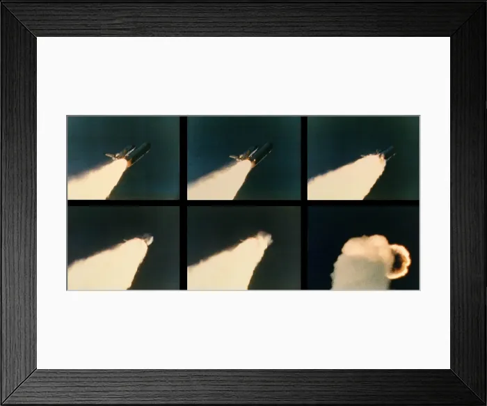 Framed Print : Space shuttle Challenger disaster. Six image sequence of the Challenger explosion in progress from 58.8 to 109.6 seconds after launch. Jan. 28, 1986 Framed Print : Space shuttle Challenger disaster. Six image sequence of the Challenger explosion in progress from 58.8 to 109.6 seconds after launch. Jan. 28, 1986