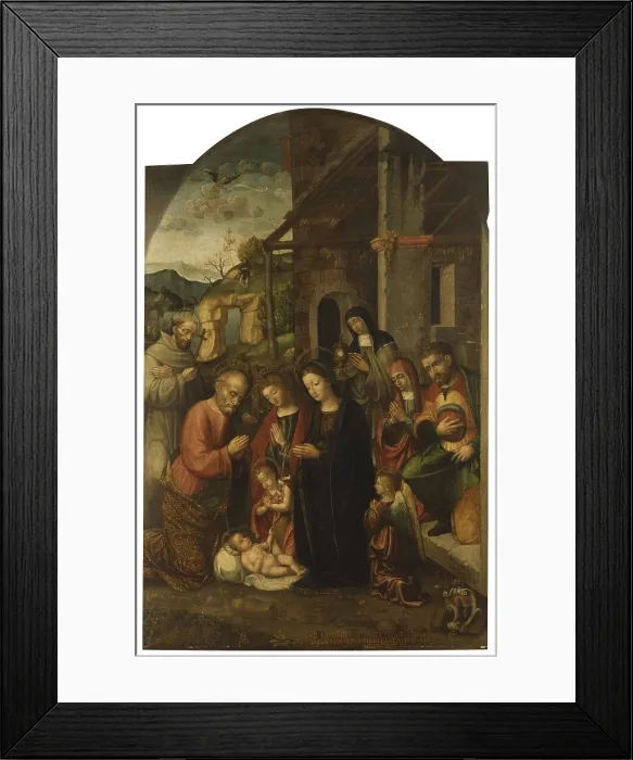 Framed Print : Nativity and Saints, by Bernardino Fasolo, 1521, 16th Century, paint on board - Italy, Lombardy, Pavia, Civic Collection Malaspina. Whole artwork view