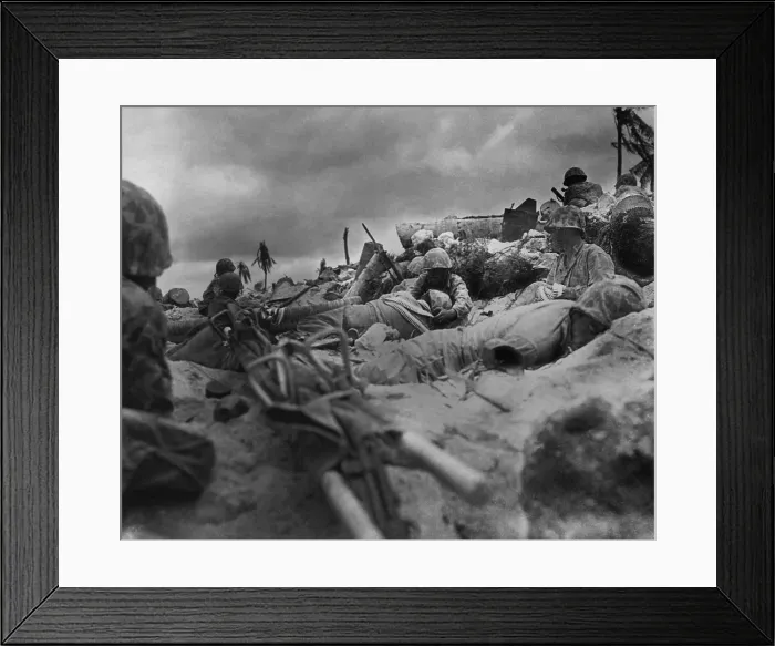 Framed Print : U.S. Marines take cover from Japanese fire behind a sea wall on Red Beach #3, Tarawa Island. Nov. 20, 1943. (BSLOC_2013-12_188) Framed Print : U.S. Marines take cover from Japanese fire behind a sea wall on Red Beach #3, Tarawa Island. Nov. 20, 1943. (BSLOC_2013-12_188)