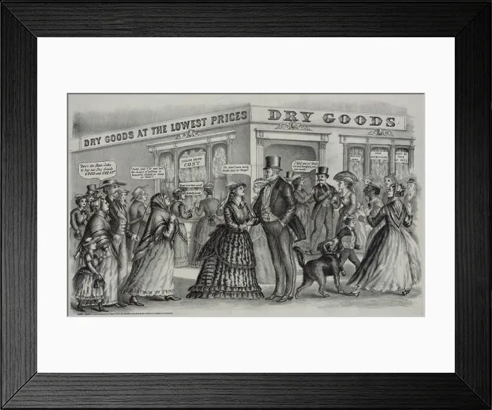 Framed Print : Stock poster illustration depicting very satisfied customers outside an urban dry goods store Framed Print : Stock poster illustration depicting very satisfied customers outside an urban dry goods store
