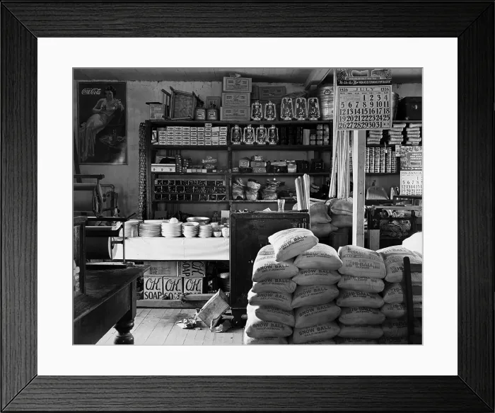 Framed Print : General store interior in Moundville Alabama. Goods for sale include flour salt cooking utensils canning jars soap kerosene lanterns rope and shotgun shells