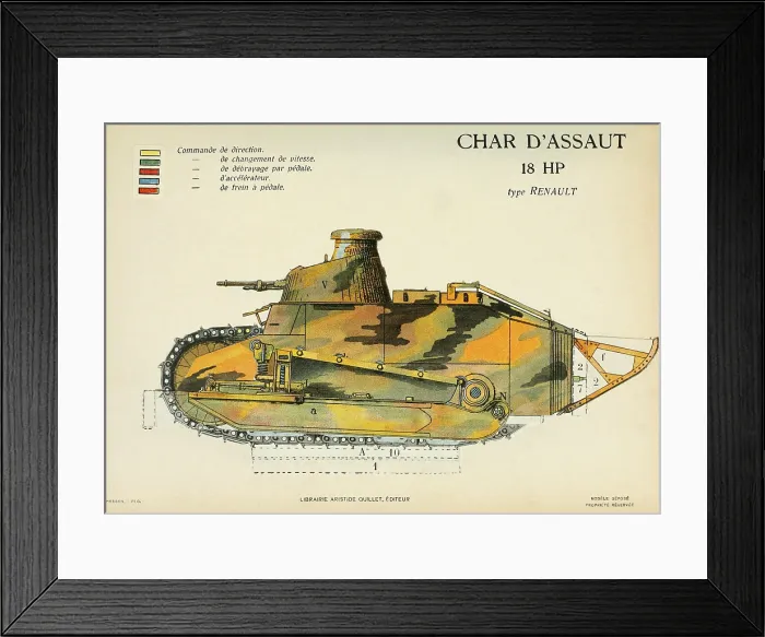 Framed Print : World War 1 French Renault tank with camouflage paint was developed in 1917 Framed Print : World War 1 French Renault tank with camouflage paint was developed in 1917