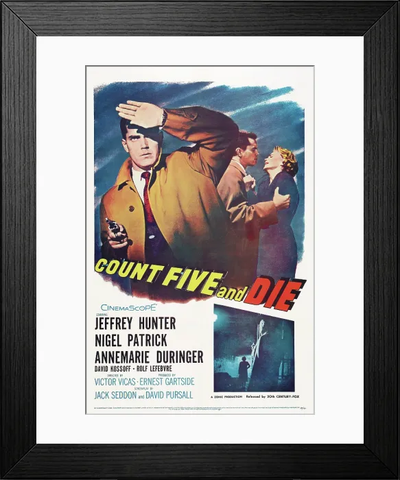 Framed Print : COUNT FIVE AND DIE, US poster art, from left: Jeffrey Hunter, Annemarie Duringer, 1957. TM and Copyright 20th Century-Fox Film Corp