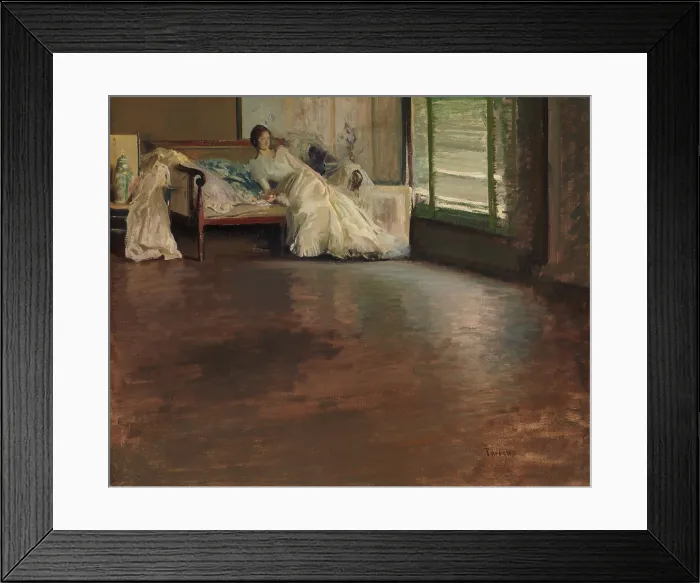 Framed Print : ACROSS THE ROOM, by Edmund Charles Tarbell, 1899, American painting, oil on canvas. A reclining young woman is painted from across a wide, polished floor