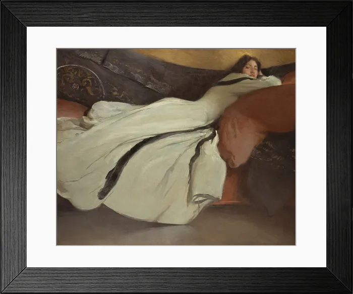 Framed Print : REPOSE, by John White Alexander, 1895, American painting, oil on canvas. Dramatic sensual images of a woman with a sultry facial expression and curves emphasized by her costume Framed Print : REPOSE, by John White Alexander, 1895, American painting, oil on canvas. Dramatic sensual images of a woman with a sultry facial expression and curves emphasized by her costume