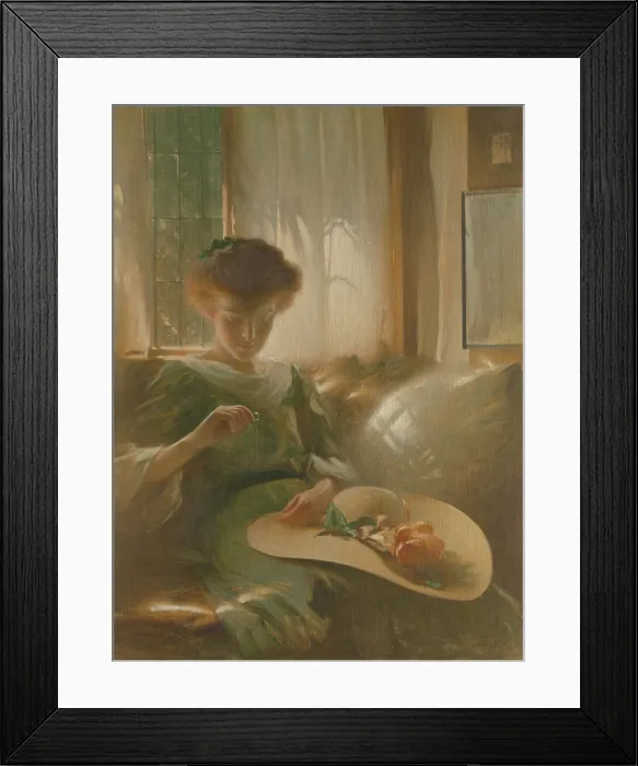 Framed Print : THE RING, by John White Alexander, 1911, American painting, oil on canvas. A softly backlit young woman holds and studies a ring in an interior