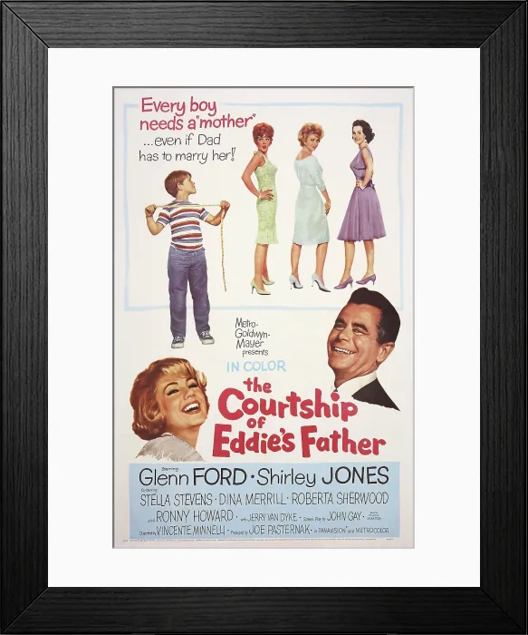 Framed Print : THE COURTSHIP OF EDDIE'S FATHER, top l-r: Ron Howard, Stella Stevens, Shirley Jones, Dina Merrill, bottom l-r: Shirley Jones, Glenn Ford on poster art, 1963