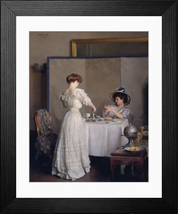 Framed Print : TEA LEAVES, by William McGregor Paxton, 1909, American painting, oil on canvas. Elegantly dressed women, having tea at a table