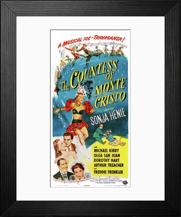 Framed Print : THE COUNTESS OF MONTE CRISTO, US poster art, from top left: Sonja Henie, Michael Kirby, Sonia Henie, Olga San Juan, Arthur Treacher, 1948