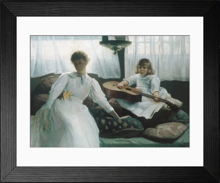 Framed Print : IDLE HOURS, by Julian Alden Weir, 1888, American painting, oil on canvas. The artist's wife, Anna, and their first child, Caroline, are seated in a large, sunny room Framed Print : IDLE HOURS, by Julian Alden Weir, 1888, American painting, oil on canvas. The artist's wife, Anna, and their first child, Caroline, are seated in a large, sunny room
