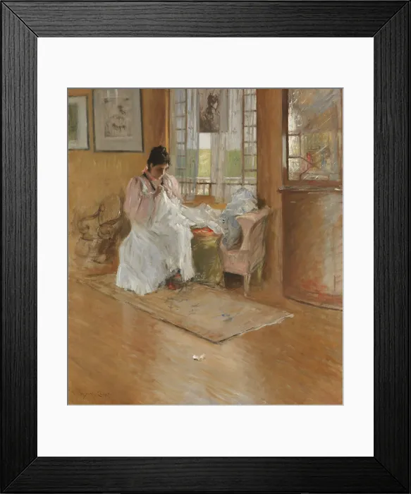 Framed Print : FOR THE LITTLE ONE, by William Merritt Chase, 1896, American painting, oil on canvas. The artists wife sewing for their children in the Chase family home Framed Print : FOR THE LITTLE ONE, by William Merritt Chase, 1896, American painting, oil on canvas. The artists wife sewing for their children in the Chase family home