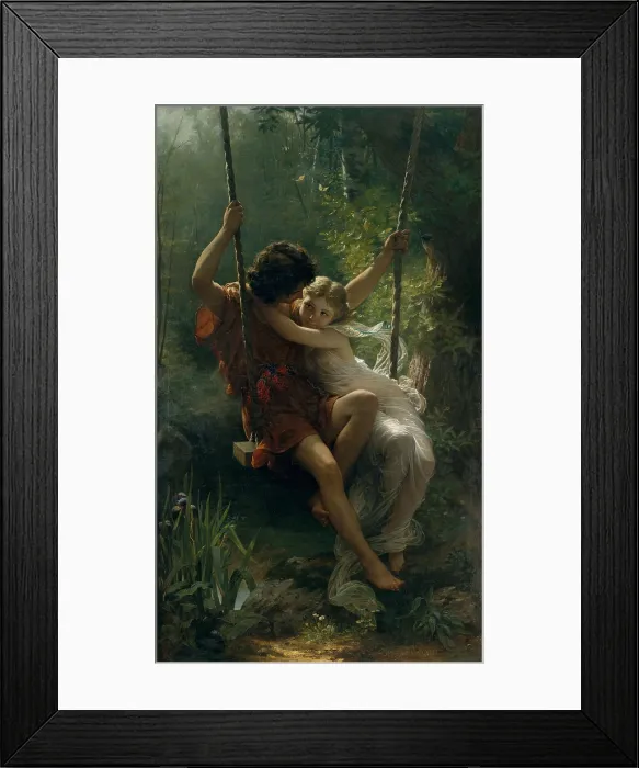 Framed Print : SPRINGTIME, by Pierre-Auguste Cot, 1873, French painting, oil on canvas. Young lovers in Greek costumes share a swing
