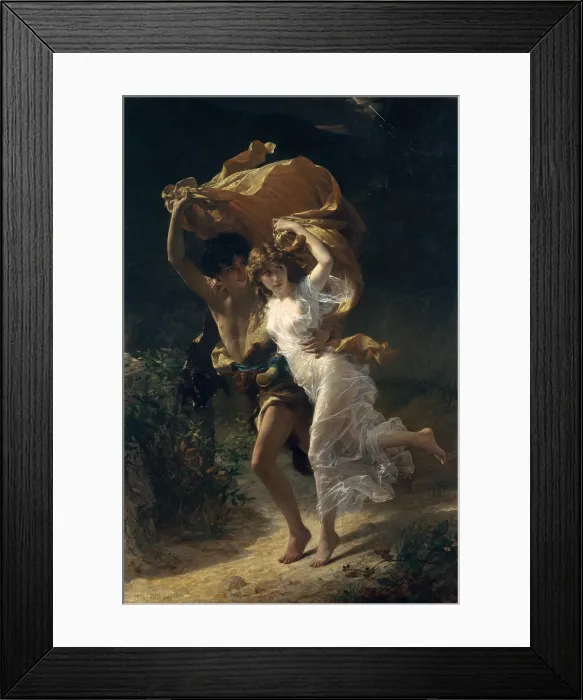 Framed Print : THE STORM, by Pierre-Auguste Cot, 1880, French painting, oil on canvas. A young couple in classical costume run for shelter in a rainstorm, using the womans overskirt as a cover Framed Print : THE STORM, by Pierre-Auguste Cot, 1880, French painting, oil on canvas. A young couple in classical costume run for shelter in a rainstorm, using the womans overskirt as a cover