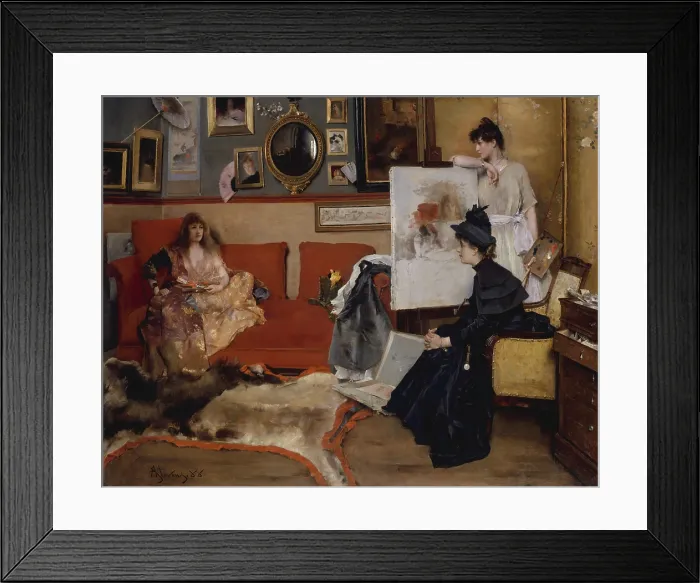 Framed Print : IN THE STUDIO, by Alfred Stevens, 1888, Belgian painting, oil on canvas. Three women in an elegant Parisian artists studio: model, artist, and a visitor