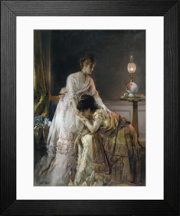 Framed Print : AFTER THE BALL, by Alfred Stevens, 1874, Belgian painting, oil on canvas. The alternate title of this scene of consolation is CONFIDENCE Framed Print : AFTER THE BALL, by Alfred Stevens, 1874, Belgian painting, oil on canvas. The alternate title of this scene of consolation is CONFIDENCE