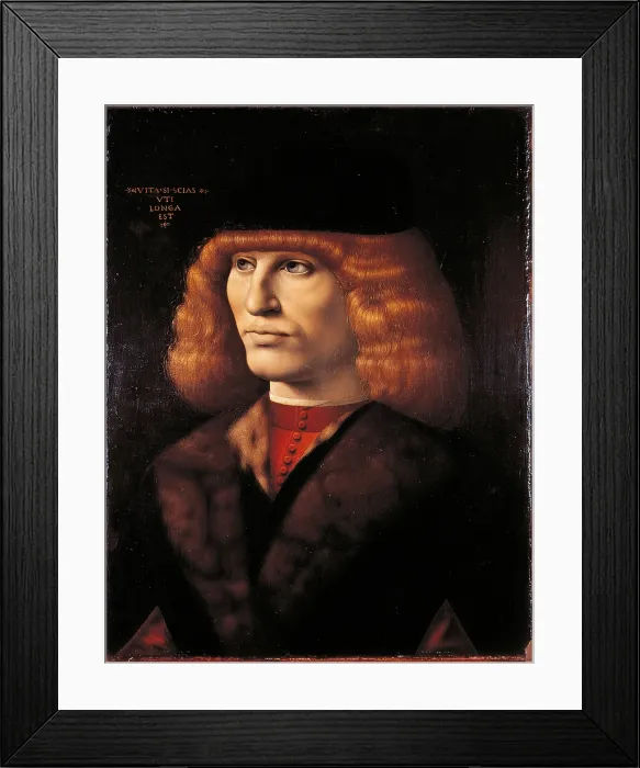Framed Print : Portrait of a Young Man, by attributed De Predis Giovanni Ambrogio, 1490 about, 15th Century, oil on poplar panel, cm 49 x 39 - Italy, Lombardy, Milan, Brera art gallery. All