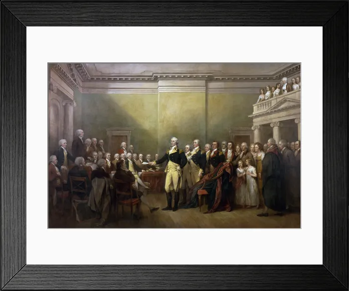 Framed Print : American Revolution. General George Washington Resigning His Commission, 1824, by John Trumbull, American painting, oil on canvas, Dec. 23, 1783 Framed Print : American Revolution. General George Washington Resigning His Commission, 1824, by John Trumbull, American painting, oil on canvas, Dec. 23, 1783