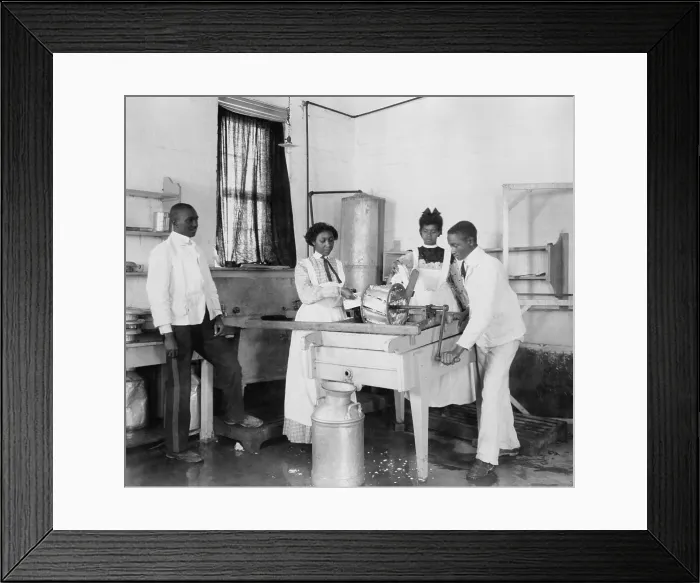 Framed Print : Students operating a small cotton gin at the Tuskegee Institute, c. 1905-15. Agriculture, especially the cash crop of cotton, was important in the early 20th century South