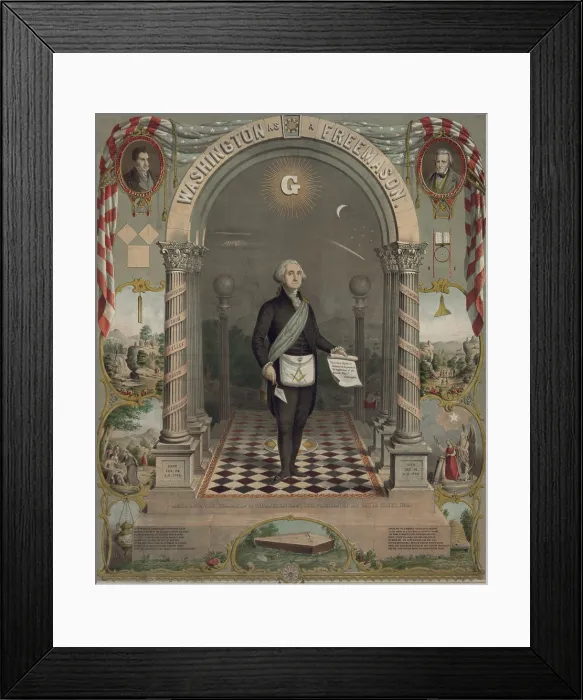 Framed Print : Washington as a Freemason, by Strobridge & Gerlach lithographers, 1866. Full-length standing portrait, in masonic attire, holding a scroll, and trowel