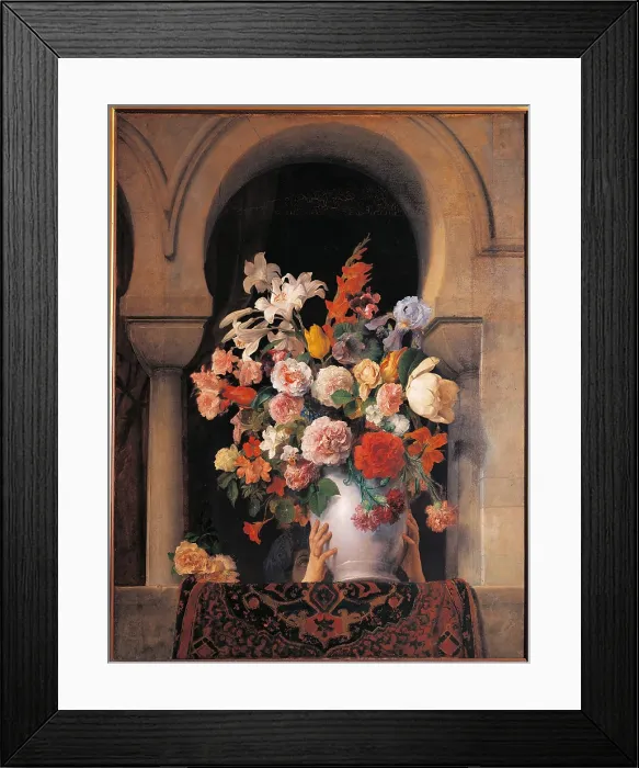 Framed Print : Flowers, by Francesco Hayez, 19th Century, oil on canvas, cm 125 x 94, 5 - Italy, Lombardy, Milan, Brera art gallery. Vase flowers hands carnations lilies roses rug Framed Print : Flowers, by Francesco Hayez, 19th Century, oil on canvas, cm 125 x 94, 5 - Italy, Lombardy, Milan, Brera art gallery. Vase flowers hands carnations lilies roses rug
