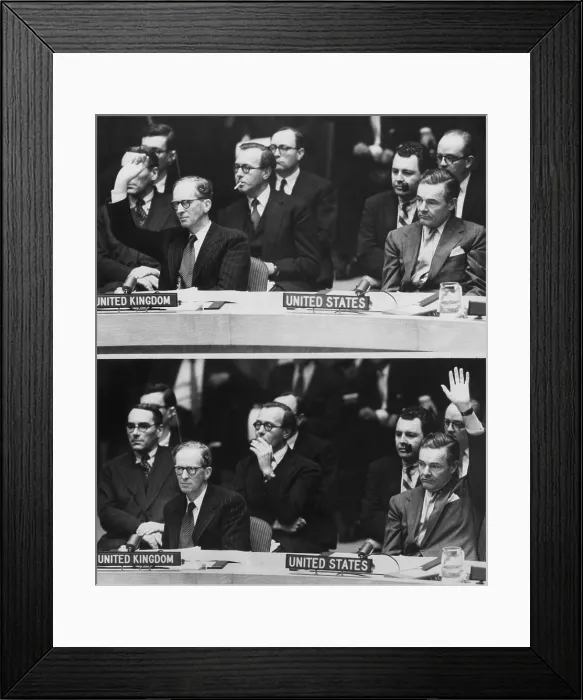 Framed Print : The 1956 Suez Crisis strains Anglo-American relations. TOP: Great Britain's Sir Pierson Dixon voting against a UN resolution that Israel withdraw its armed forces from Egypt