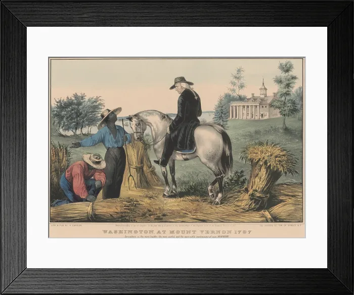 Framed Print : Former President George Washington talking with two enslaved workers on the Mount Vernon plantation. Following the end of his second term as President, he retired from politics Framed Print : Former President George Washington talking with two enslaved workers on the Mount Vernon plantation. Following the end of his second term as President, he retired from politics