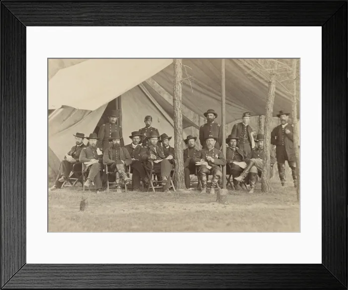 Framed Print : US Civil War. General Ulysses Grant and his staff, at their City Point Headquarters, Virginia, June 1864. Grant is the 5th from left of those seated; Gen