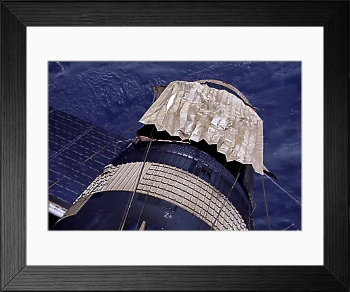 Framed Print : Close-up of the emergency gold parasol installed by Skylab-2 crew. It replaced a damaged heat shield, essential to keep the Sun's rays from overheating in Skylab interior
