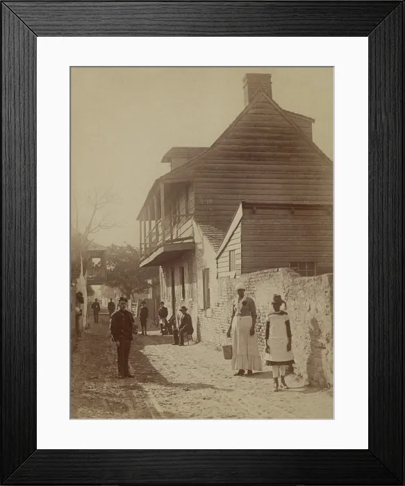 Framed Print : Street scene with a soldier, two African American women, and others in St. Augustine, Florida, 1886. Photo by George Barker (BSLOC_2017_20_125)