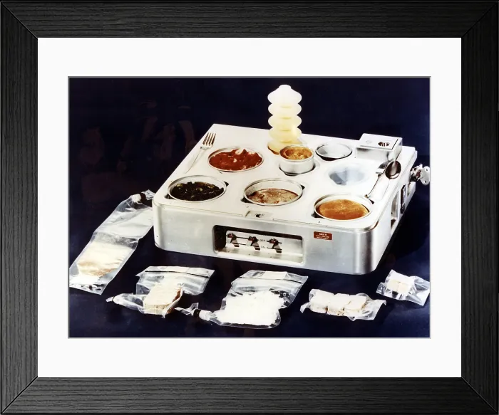 Framed Print : Skylab food heating and serving tray with food, drink, and utensils. The food on Skylab was a great improvement over liquefied food from plastic tubes of earlier spaceflights