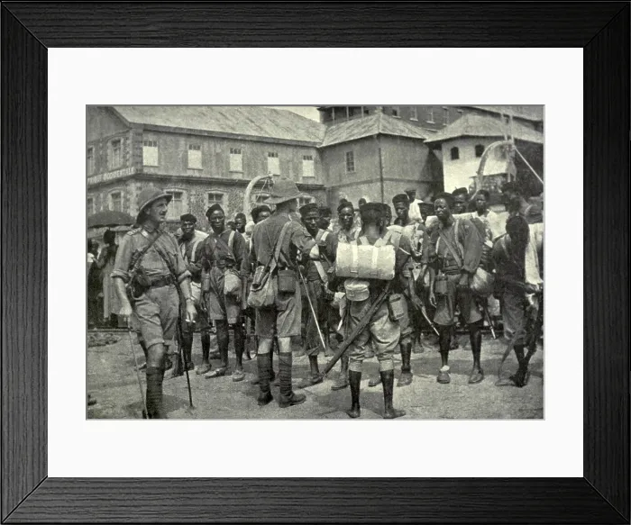 Framed Print : British native troops embarking at Freetown, Sierra Leone for German Cameroon. 1914. They captured the colonial capital of Douala on Sept. 27, 1914
