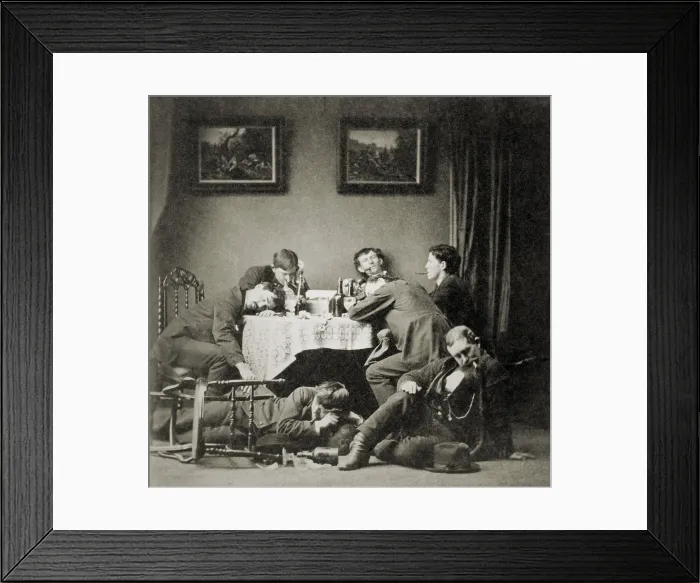 Framed Print : Seven drunk young men around table and on the floor. This bachelors carouse is the first intoxication of the drinkers progress, 1874 (BSLOC_2018_2_112)