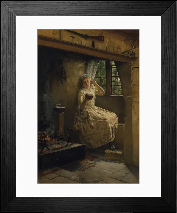 Framed Print : A COSEY CORNER, by Frank Millet, 1884, American painting, oil on canvas. Young women in colonial costume reading a small book in a window seat Framed Print : A COSEY CORNER, by Frank Millet, 1884, American painting, oil on canvas. Young women in colonial costume reading a small book in a window seat