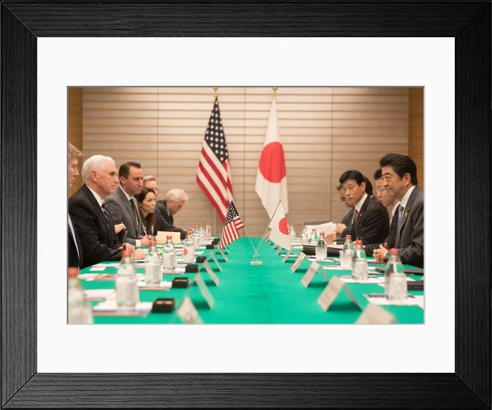 Framed Print : Vice President Mike Pence attends a bilateral meeting with Japanese Prime Minister Shinzo Abe, Feb. 7, 2018. Tokyo, Japan (BSLOC_2018_2_122)