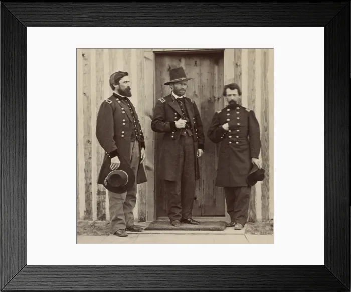 Framed Print : Brig. General John A. Rawlins (left) with Lieut. Gen. Ulysses Grant, (center) and an unidentified officer, c. 1864. Rawlins served on Grants staff throughout the US Civil War