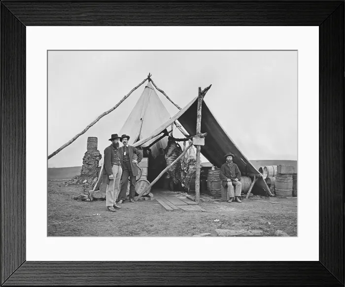 Framed Print : US Civil War, 1861-1865. Dressed beef hangs in a Union Army tent before distribution to the encamped soldiers. Photo by Mathew Brady (BSLOC_2018_8_175)