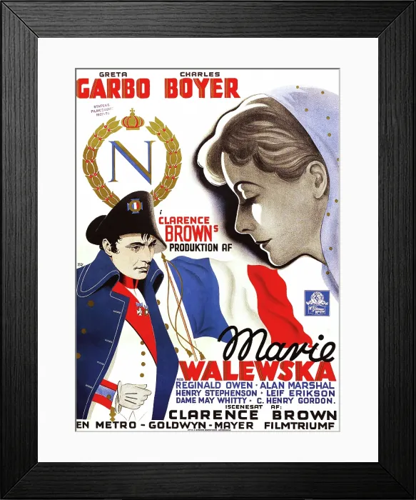 Framed Print : CONQUEST, (aka MAVIE WALEWSKA), l-r: Charles Boyer, Greta Garbo on Danish poster art, 1937
