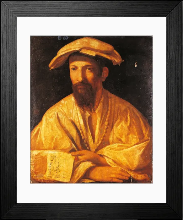 Framed Print : Portrait of a Musician, by Anonymous Artist of Parmese school, 1380 - 1399 about, 16th Century, panel, - Italy, Campania, Naples, Capodimonte National Museum and Galleries. All