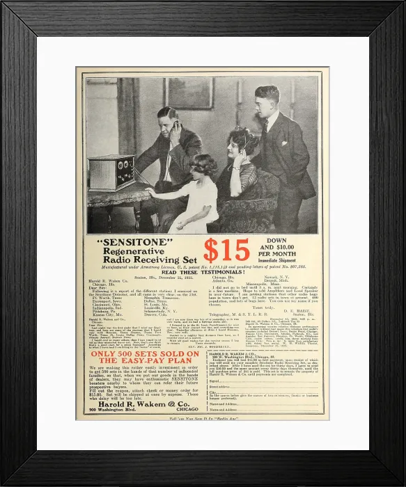 Framed Print : 1922 advertisement in the magazine, RADIO AGE, for a Sensatone Regenerative Radio Receiving Set
