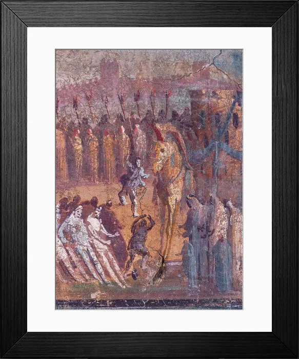 Framed Print : The Horse of Troy, by unknown artist, 45-79, 1st Century A.D. ripped fresco, 40 x 62 cm - Italy, Campania, Naples, National Archaeological Museum, Room LXXIII, inv. 9010. Detail Framed Print : The Horse of Troy, by unknown artist, 45-79, 1st Century A.D. ripped fresco, 40 x 62 cm - Italy, Campania, Naples, National Archaeological Museum, Room LXXIII, inv. 9010. Detail