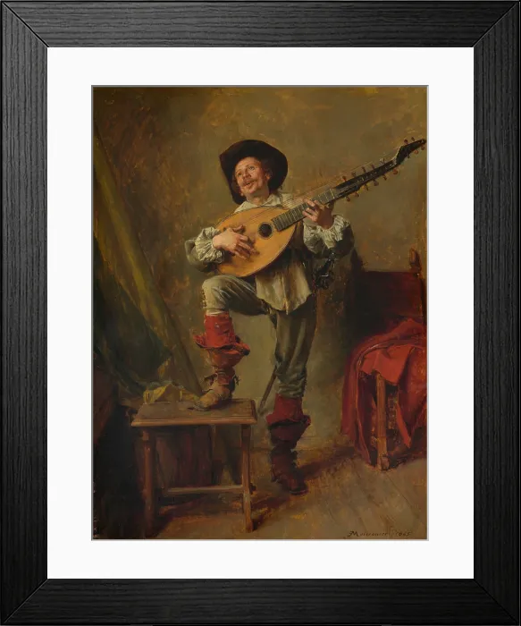 Framed Print : SOLDIER PLAYING THE THEORBO, by Ernest Meissonier, 1865, French painting, oil on wood. The instrument was a variety of lute played in the 17th century