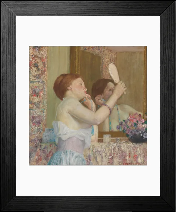 Framed Print : WOMAN WITH A MIRROR, by Frederick Carl Frieseke, 1911, American painting, oil on canvas. Frieseke spent most of his life as an expatriate artist in France