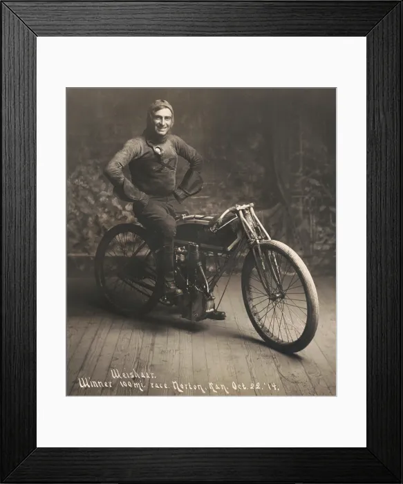 Framed Print : Ray Weishaar, won the 100 mile motorcycle race in Norton, Kansas, on Oct. 22, 1914 Framed Print : Ray Weishaar, won the 100 mile motorcycle race in Norton, Kansas, on Oct. 22, 1914