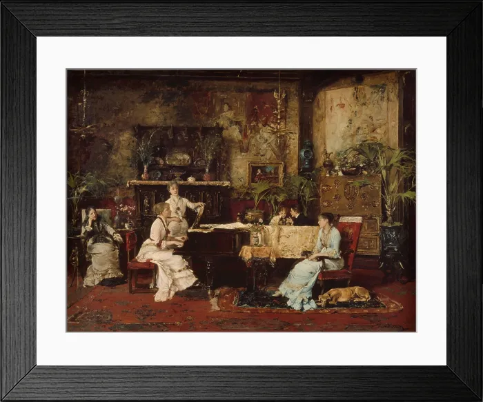 Framed Print : THE MUSIC ROOM, by Mihaly Munkacsy, 1878, Hungarian painting, oil on wood. A fashionable musical party takes place in the artists Paris home on the Avenue de Villiers