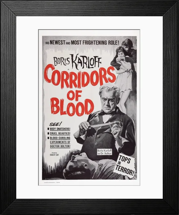 Framed Print : CORRIDORS OF BLOOD, US poster art, Boris Karloff, 1958