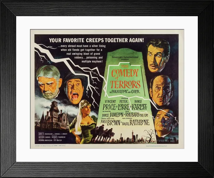 Framed Print : THE COMEDY OF TERRORS, US poster art, clockwise from left: Boris Karloff, Joe E. Brown, Joyce Jameson, Vincent Price, Basil Rathbone, Peter Lorre, 1963 Framed Print : THE COMEDY OF TERRORS, US poster art, clockwise from left: Boris Karloff, Joe E. Brown, Joyce Jameson, Vincent Price, Basil Rathbone, Peter Lorre, 1963
