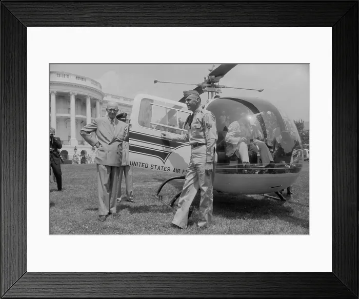 Framed Print : Dwight Eisenhower takes the first Presidential helicopter ride, July 1957. He is about to enter the HMX-1 Nighthawk on the White House south lawn (BSLOC_2018_2_142)