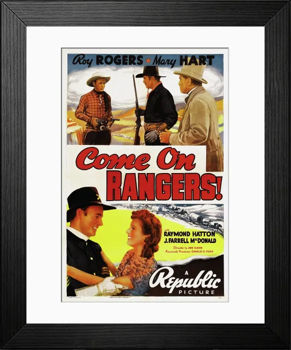Framed Print : COME ON, RANGERS, top left: Roy Rogers, bottom l-r: Roy Rogers, Mary Hart on poster art, 1938 Framed Print : COME ON, RANGERS, top left: Roy Rogers, bottom l-r: Roy Rogers, Mary Hart on poster art, 1938